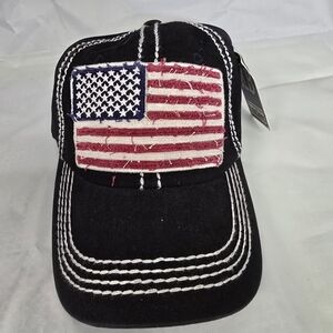 KBETHOS Distresses Black Cap Hat with American Flag Patch NWT